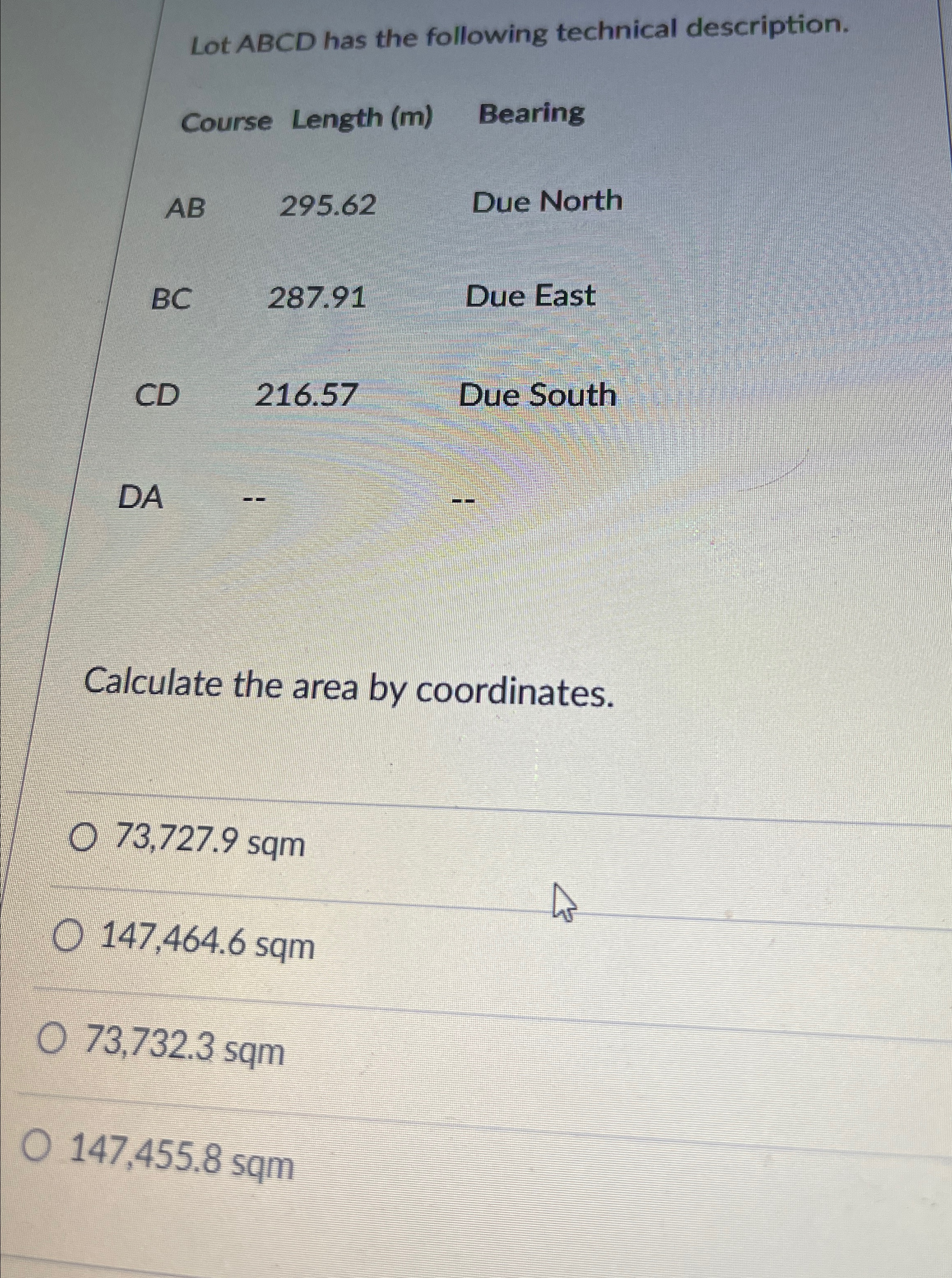 Lot ABCD has the following technical description.