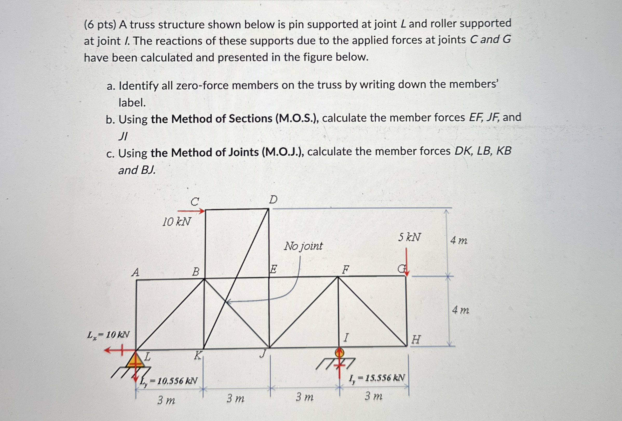 ( 6 pts ) A truss structure shown below is pin