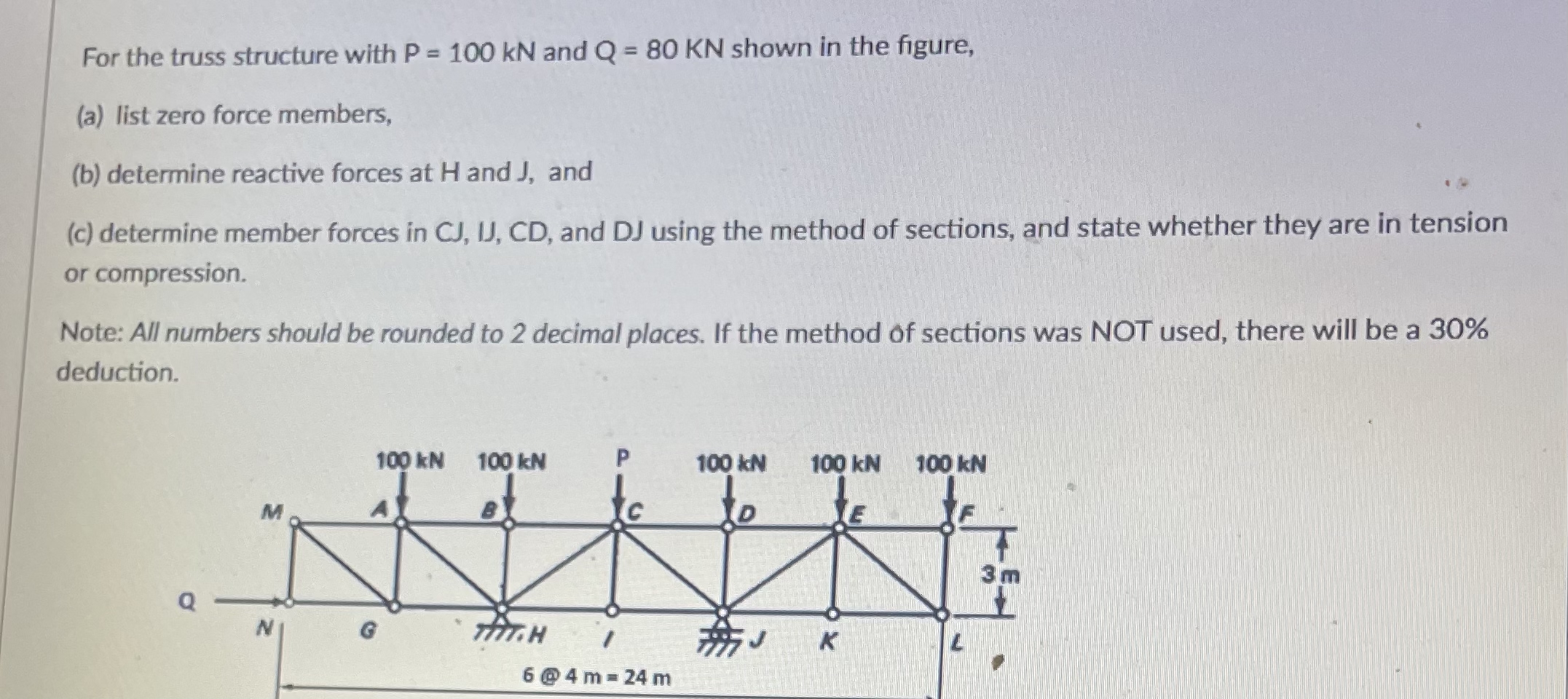 For the truss structure with P = 1 0 0 k N and Q