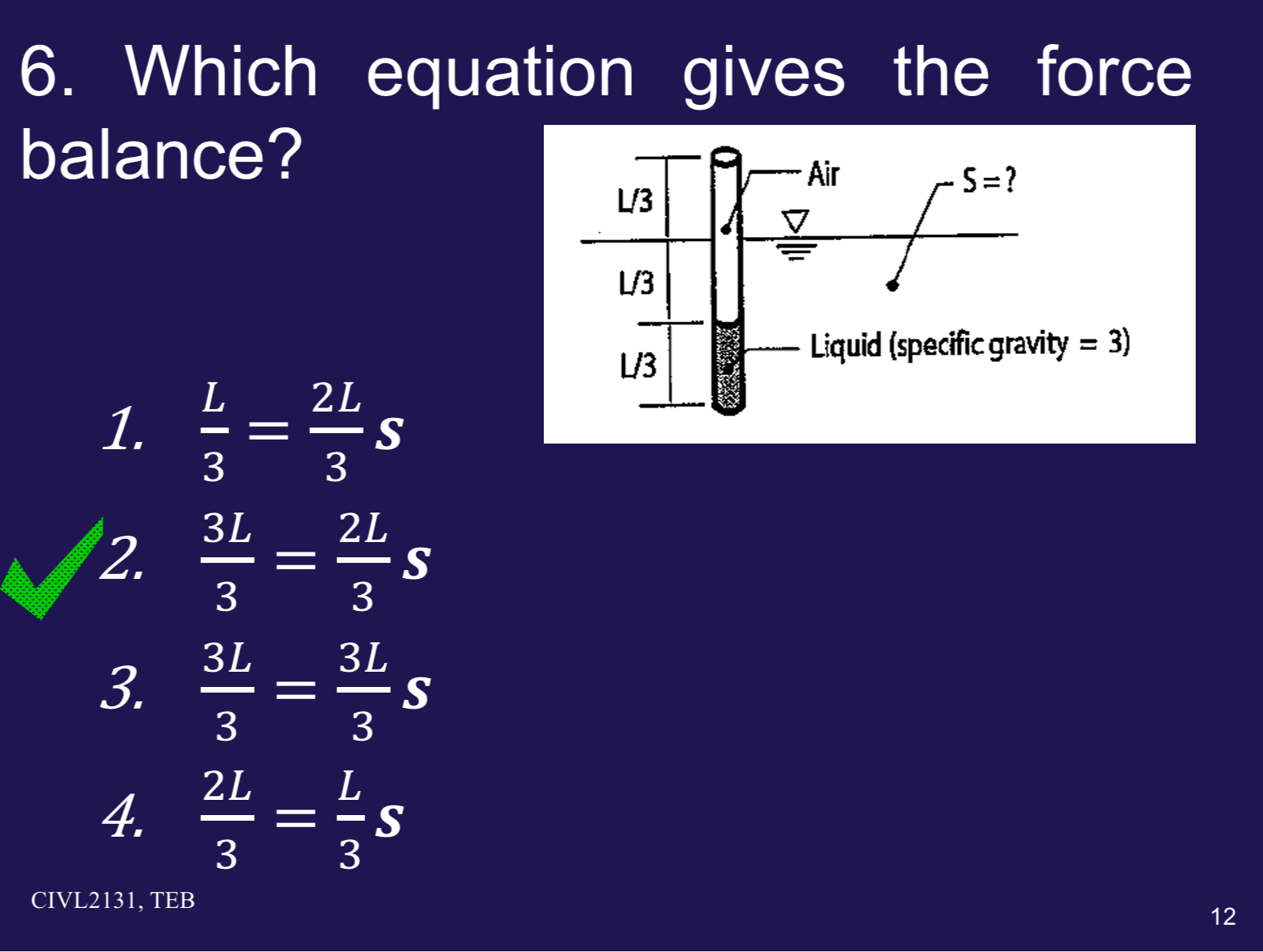 Which equation gives the force balance? L 3 = 2 L