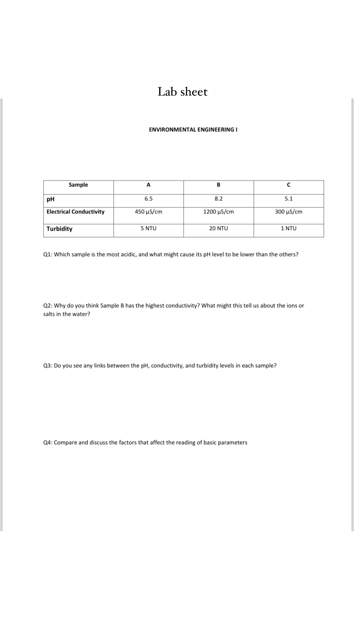 Lab sheet ENVIRONMENTAL ENGINEERING I \ table [ [