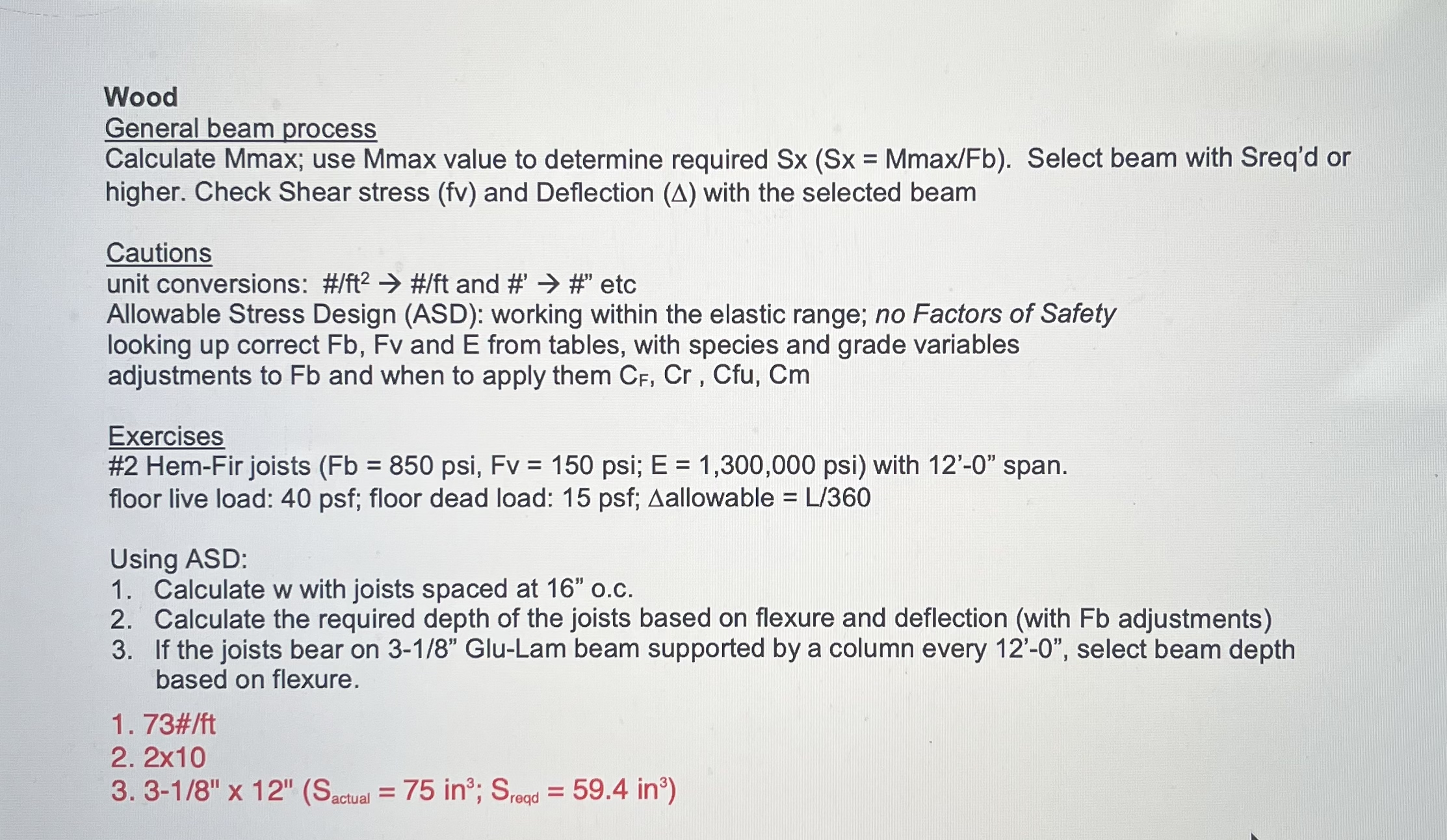 Wood General beam process Calculate Mmax; use