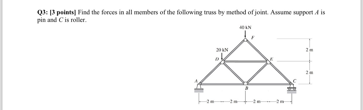 Q 3 : [ 3 points ] Find the forces in all members