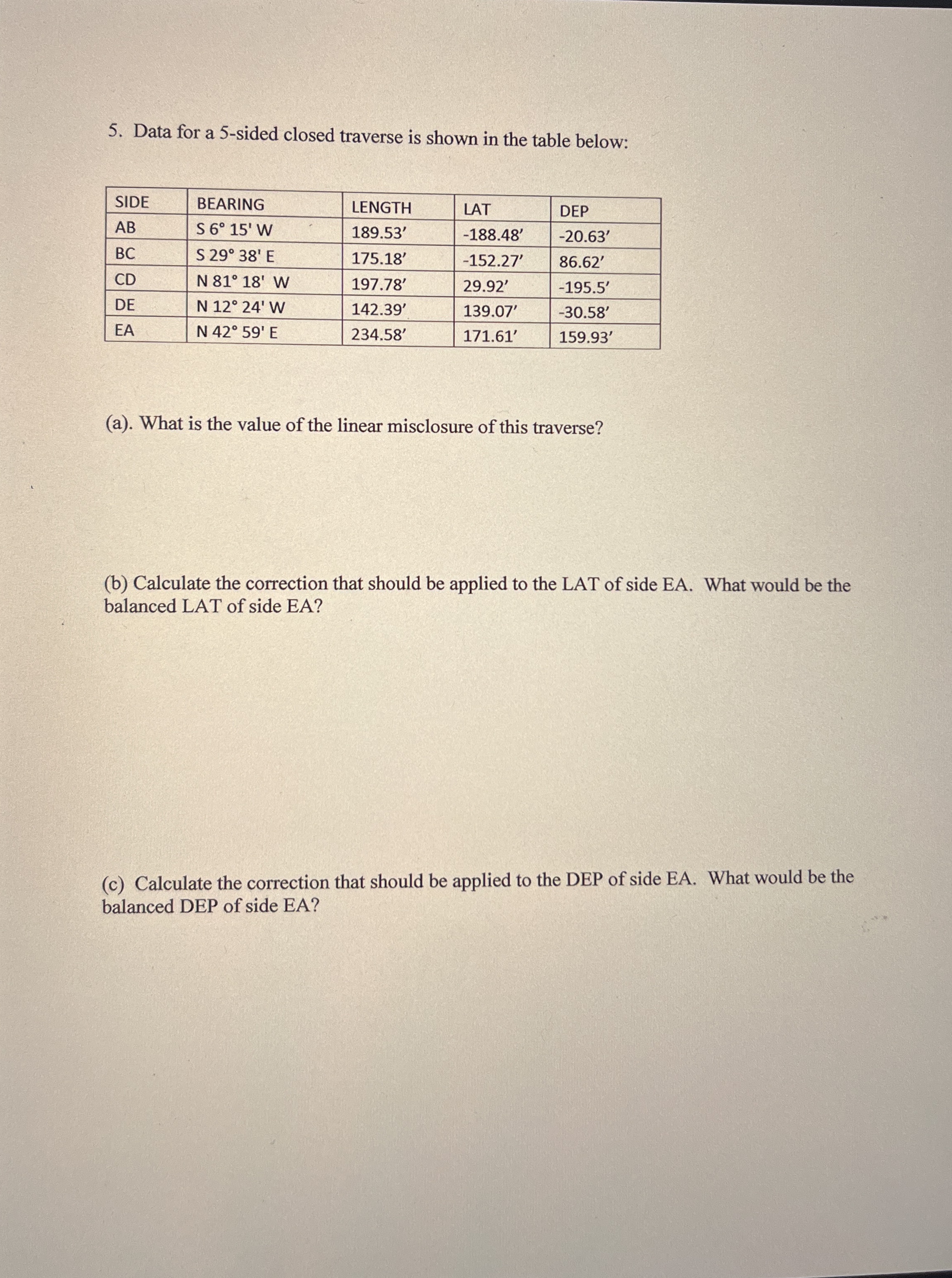 Data for a 5 - sided closed traverse is shown in