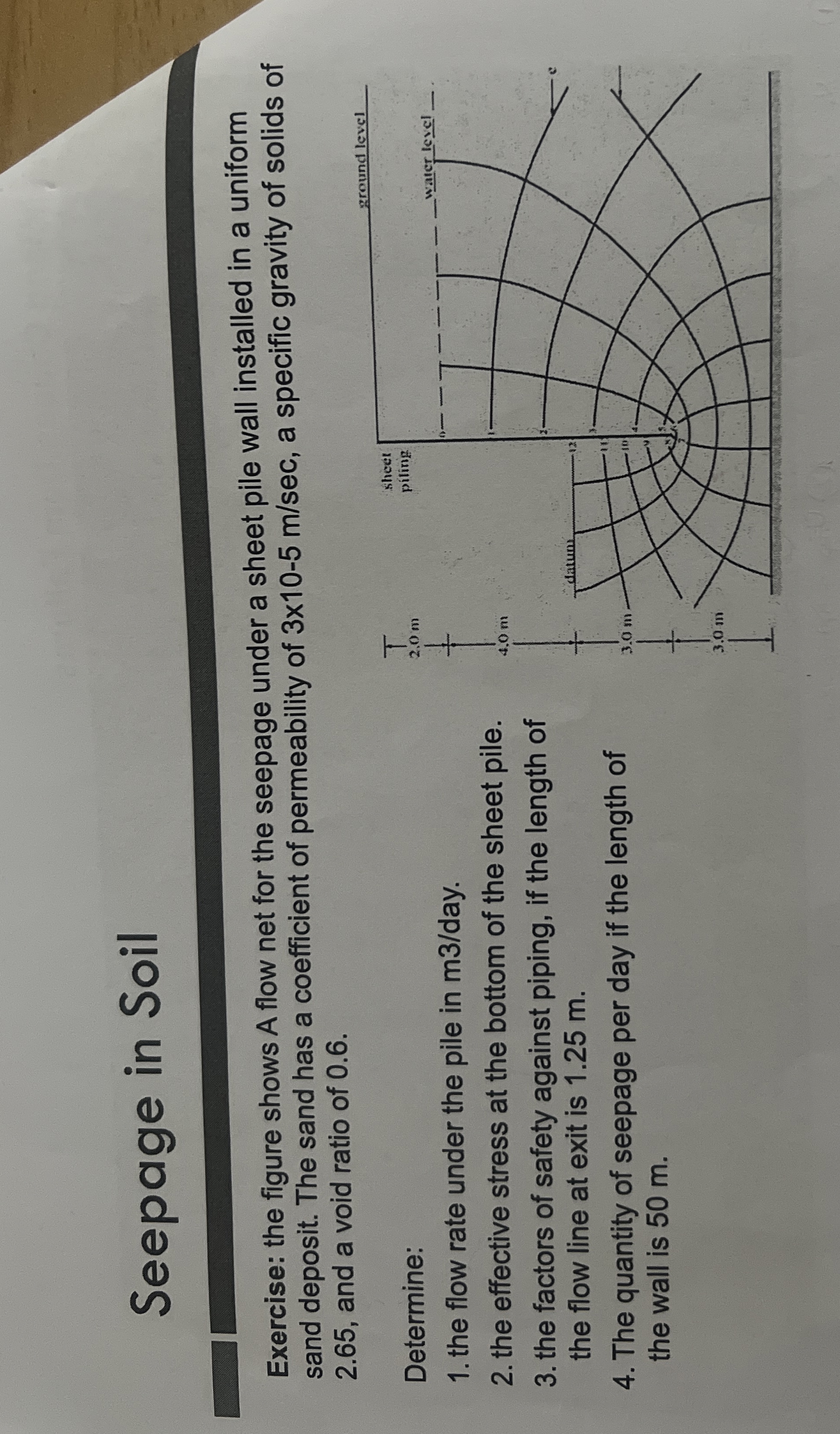 Seepage in Soil Exercise: the figure shows A flow
