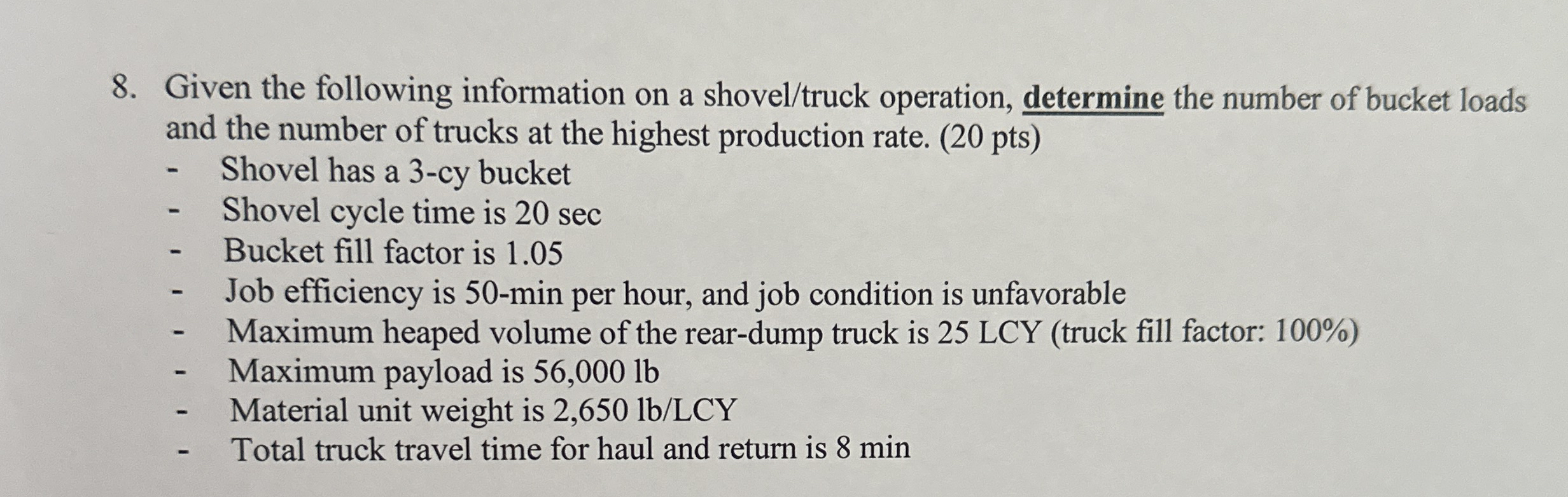 Given the following information on a shovel /