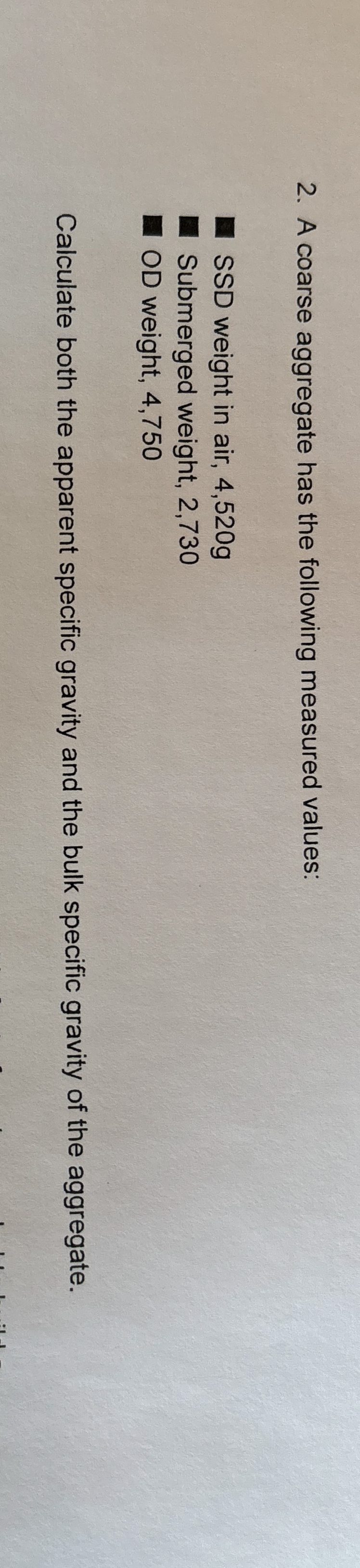 A coarse aggregate has the following measured