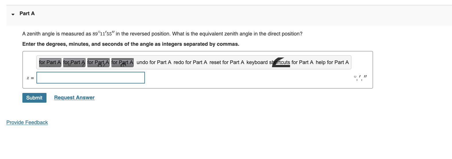 Part A A zenith angle is measured as 8 9 1 1 ' 5