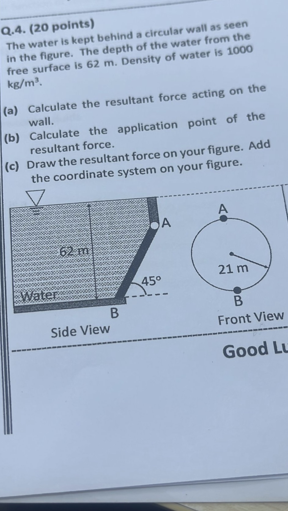 Q . 4 . ( 2 0 points ) The water is kept behind a