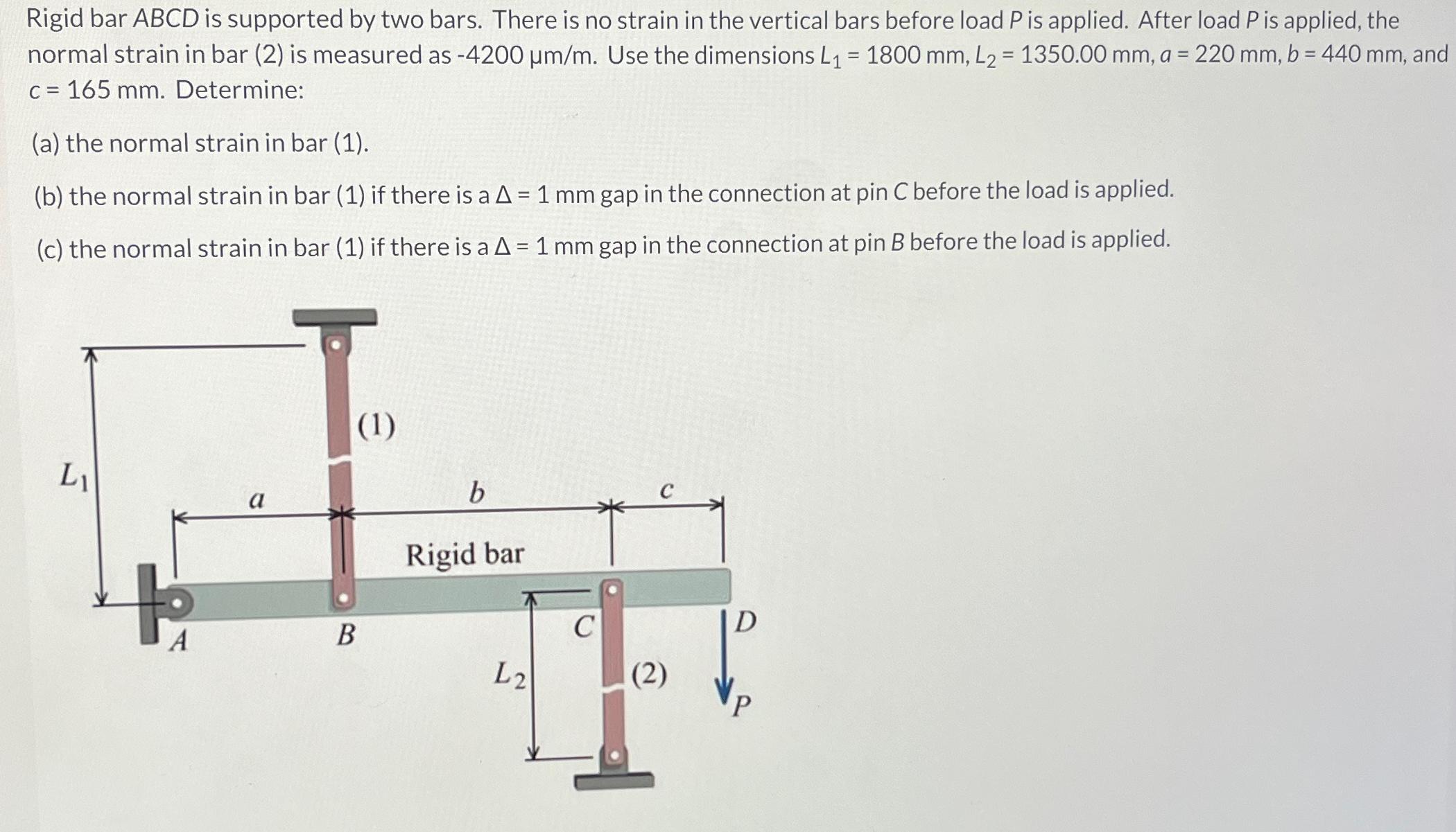 Rigid bar ABCD is supported by two bars. There is