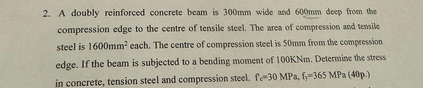 A doubly reinforced concrete beam is 3 0 0 m m