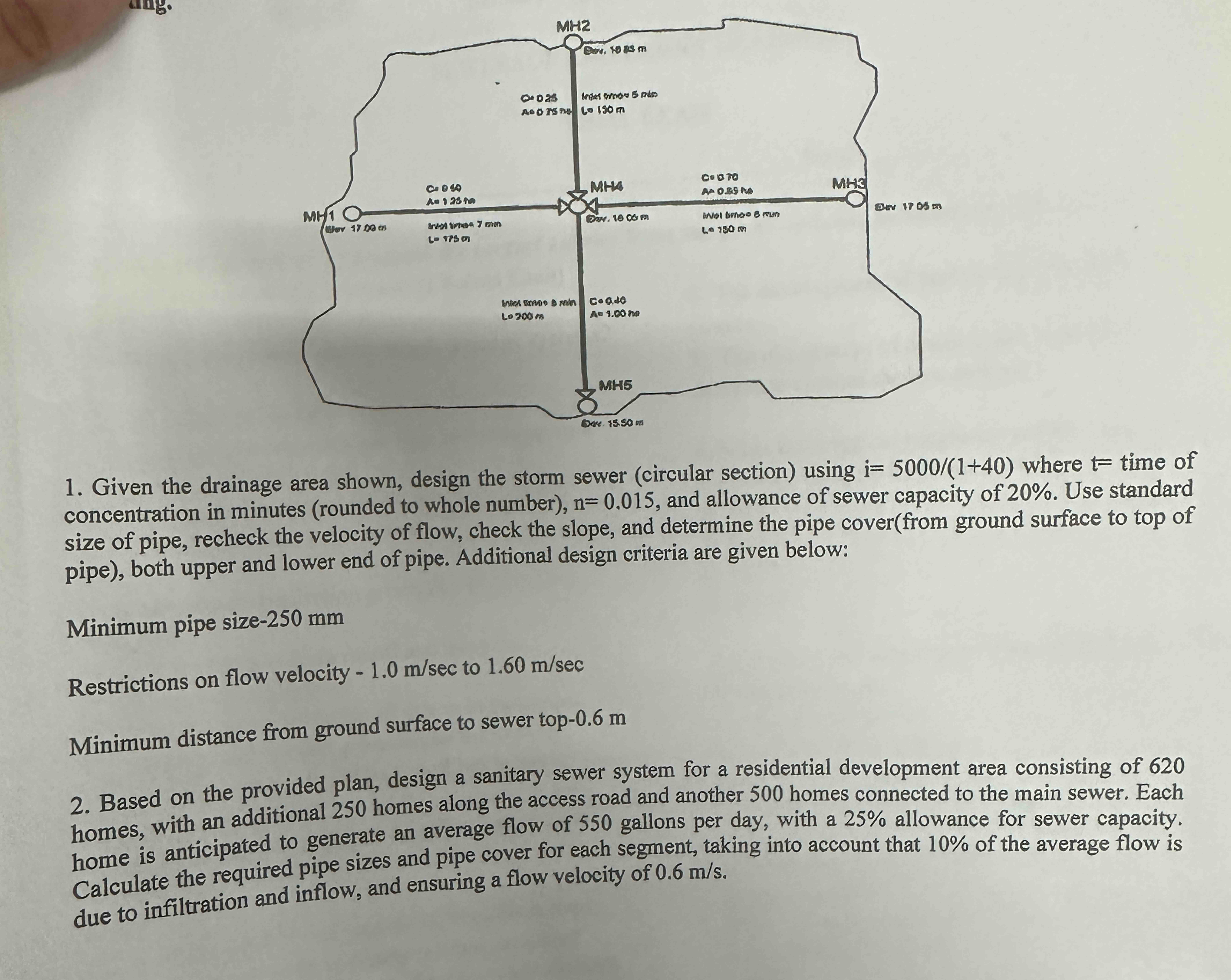 1 . Given the drainage area shown, design the