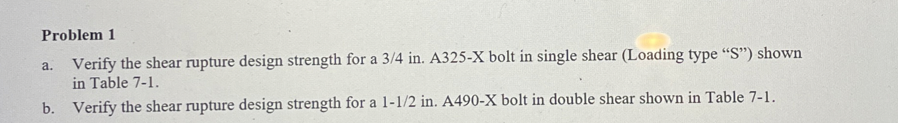 Problem 1 a . Verify the shear rupture design
