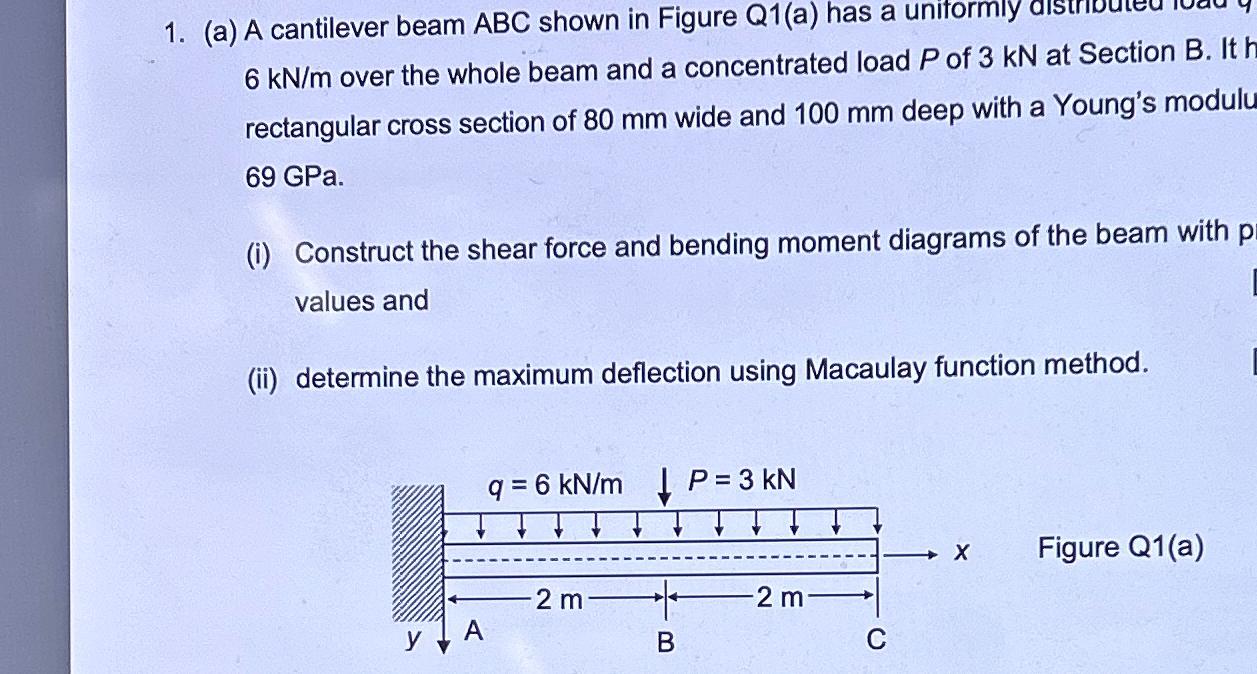 ( a ) A cantilever beam ABC shown in Figure Q 1 (