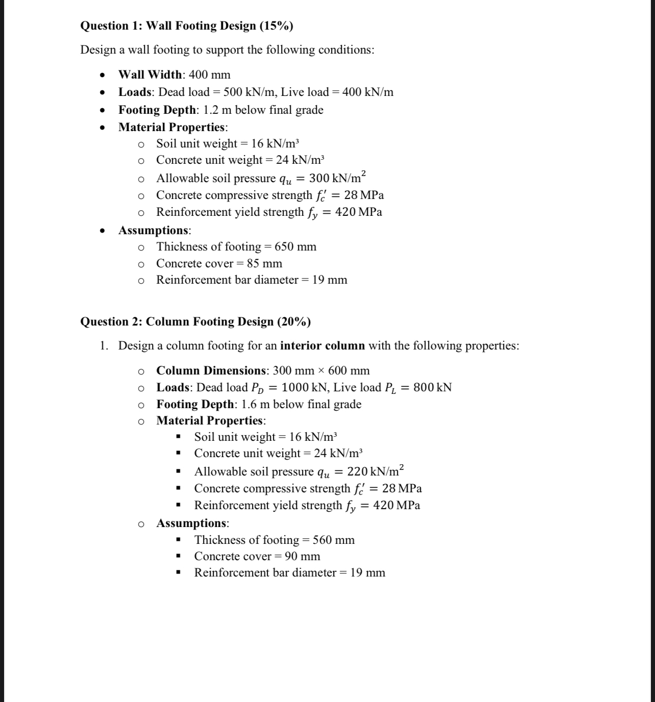 Question 1 : Wall Footing Design ( 1 5 % ) Design