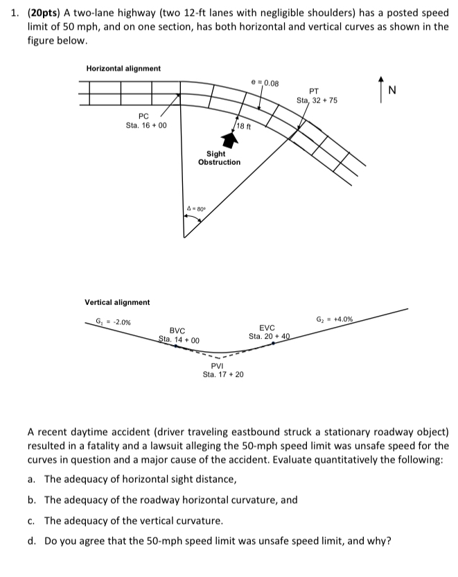 ( 2 0 pts ) A two - lane highway ( two 1 2 - ft