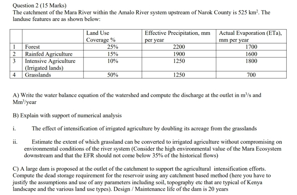 Question 2 ( 1 5 Marks ) The catchment of the