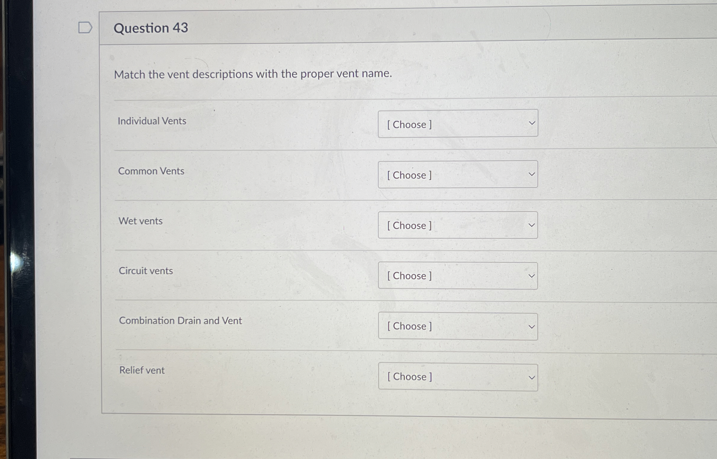 Question 4 3 Match the vent descriptions with the