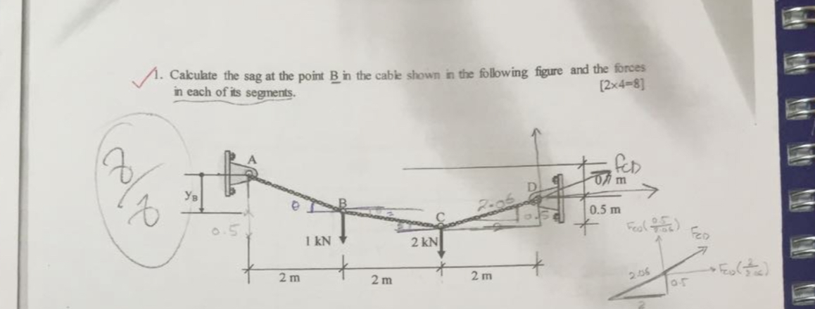 Calculate the sag at the point B in the cable