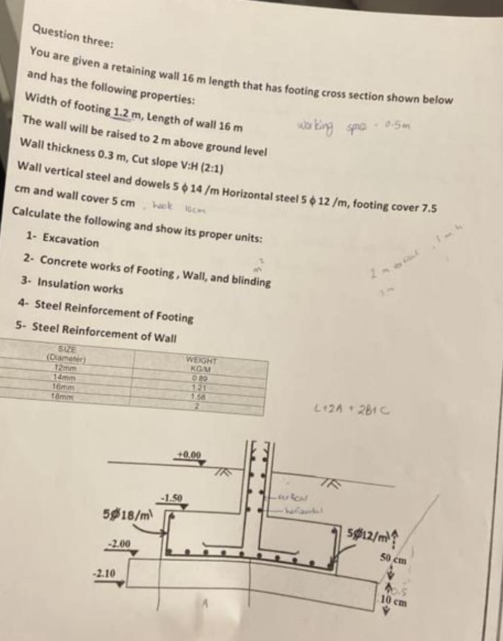 Question three: You are given a retaining wall 1