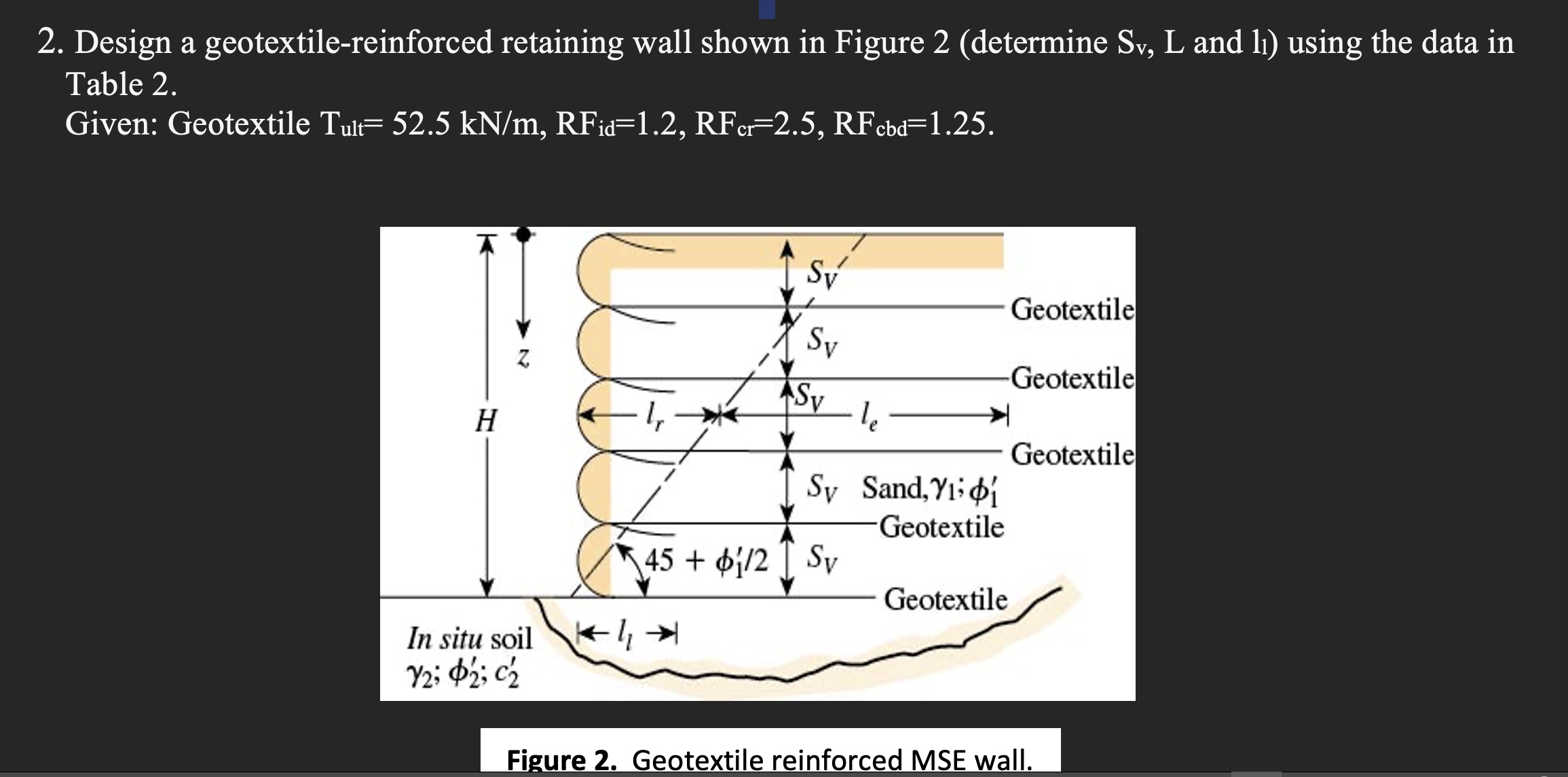 Table 2 . Data for geotextile reinforced MSE wall