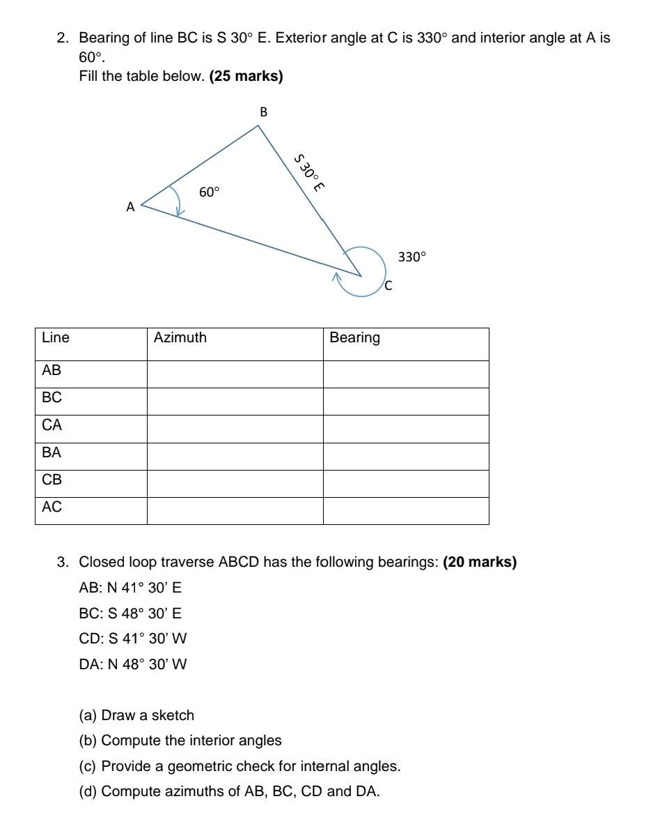 Bearing of line B C is S 3 0 E . Exterior angle