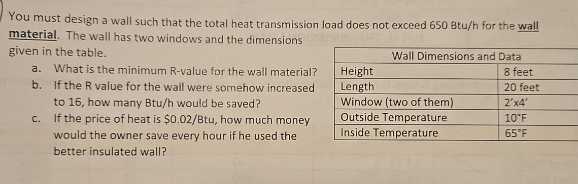 You must design a wall such that the total heat