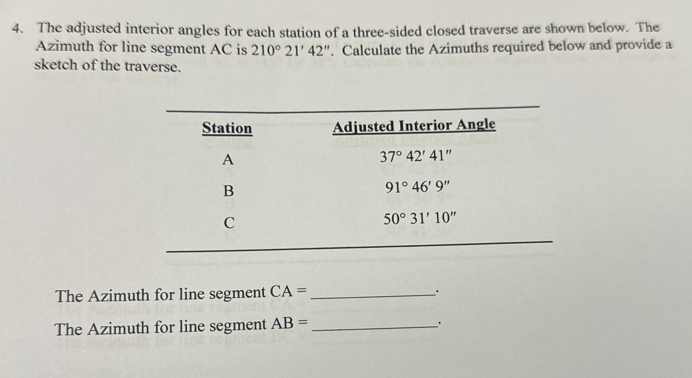 The adjusted interior angles for each station of