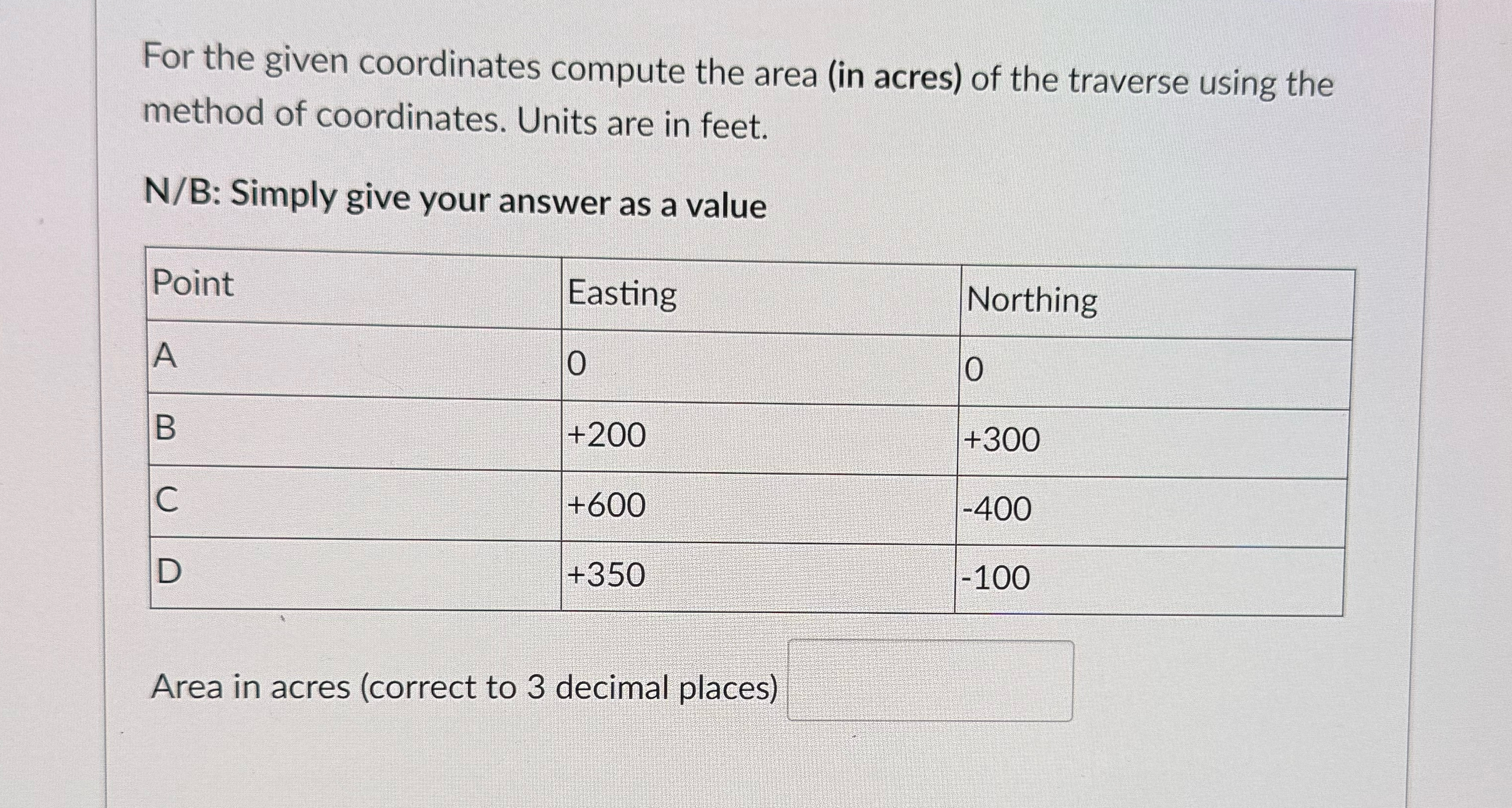 For the given coordinates compute the area ( in