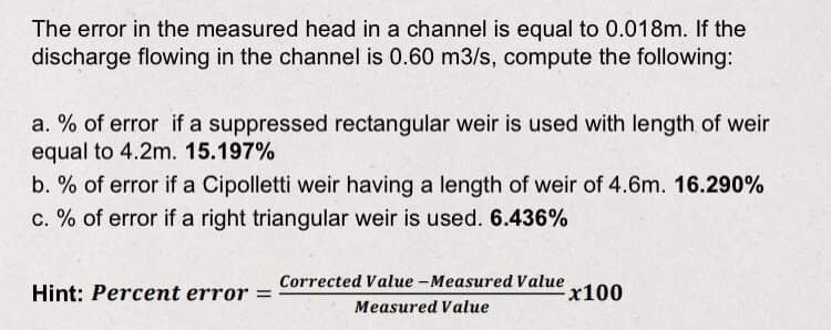 The error in the measured head in a channel is