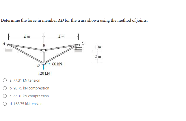 Determine the force in member A D for the truss