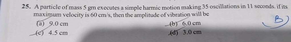 A particle of mass 5 gm executes a simple harmic