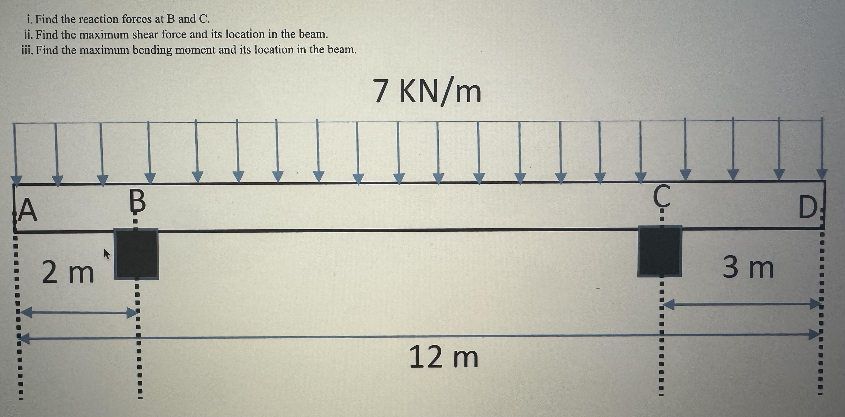 i . Find the reaction forces at B and C ii . Find
