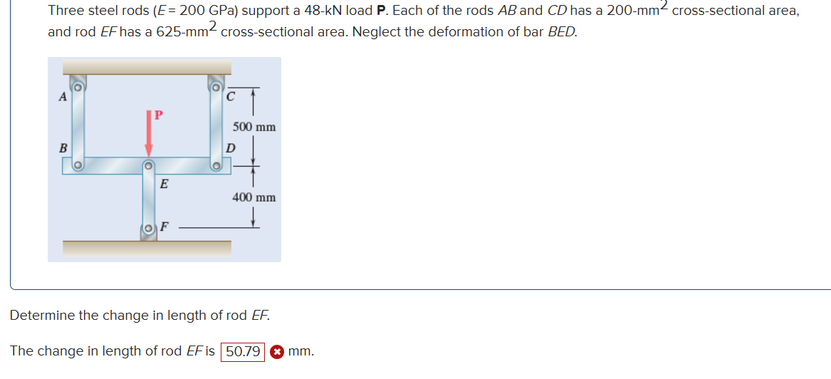 Three steel rods ( E = 2 0 0 GPa ) support a 4 8