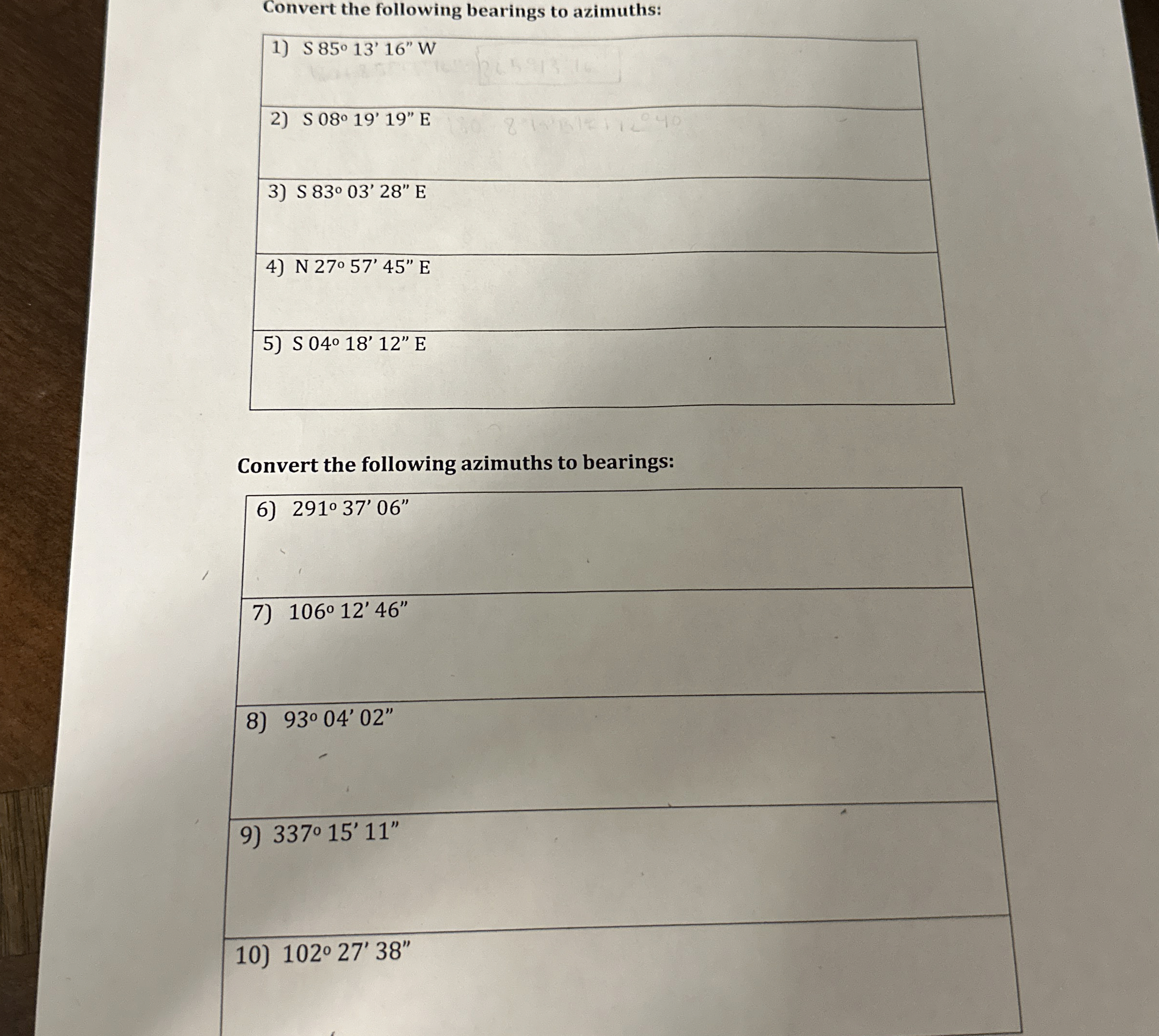 Convert the following bearings to azimuths: S 8 5