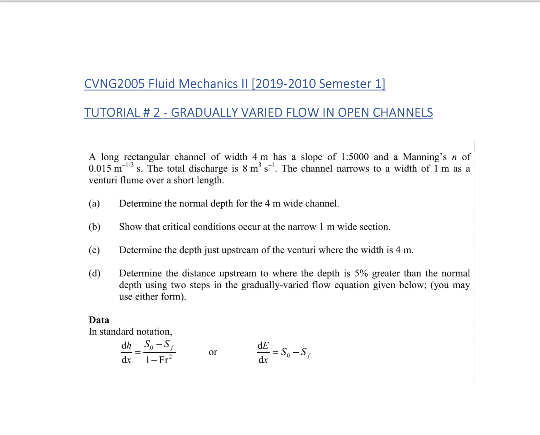 CVNG 2 0 0 5 Fluid Mechanics II [ 2 0 1 9 - 2 0 1