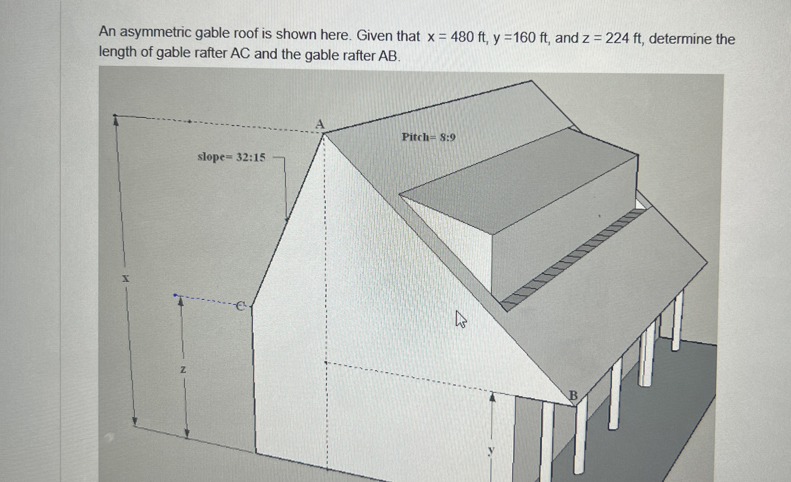 An asymmetric gable roof is shown here. Given