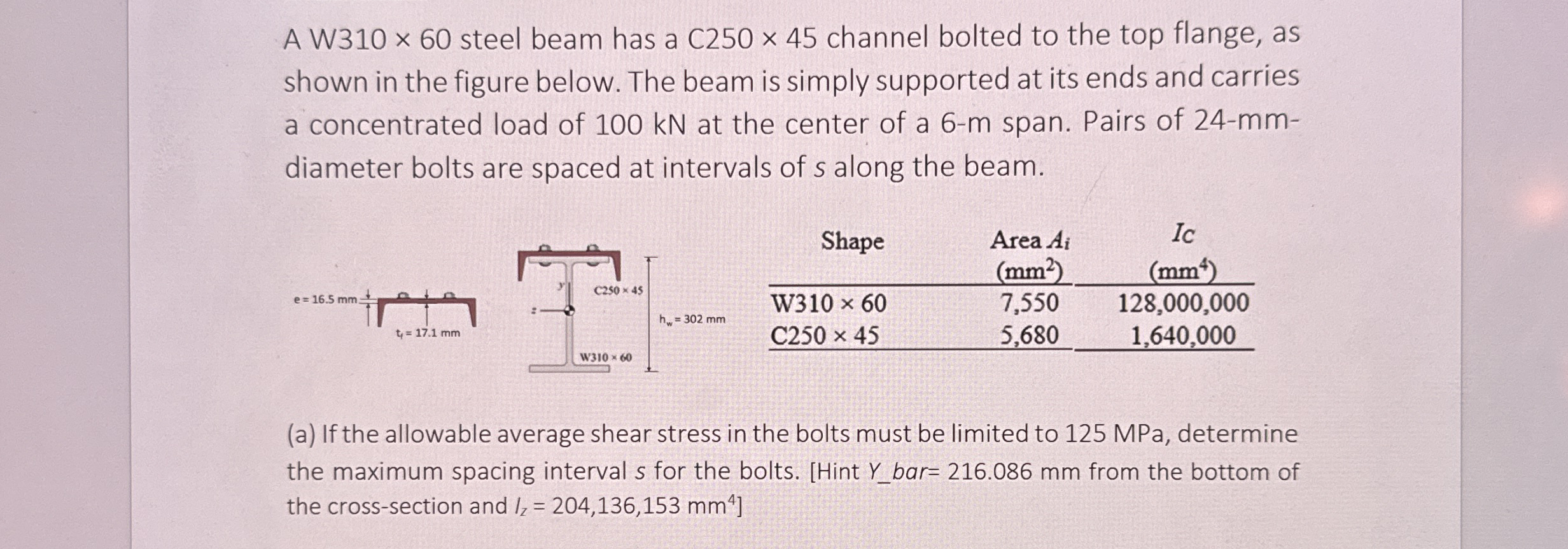 A W 3 1 0 6 0 steel beam has a C 2 5 0 4 5