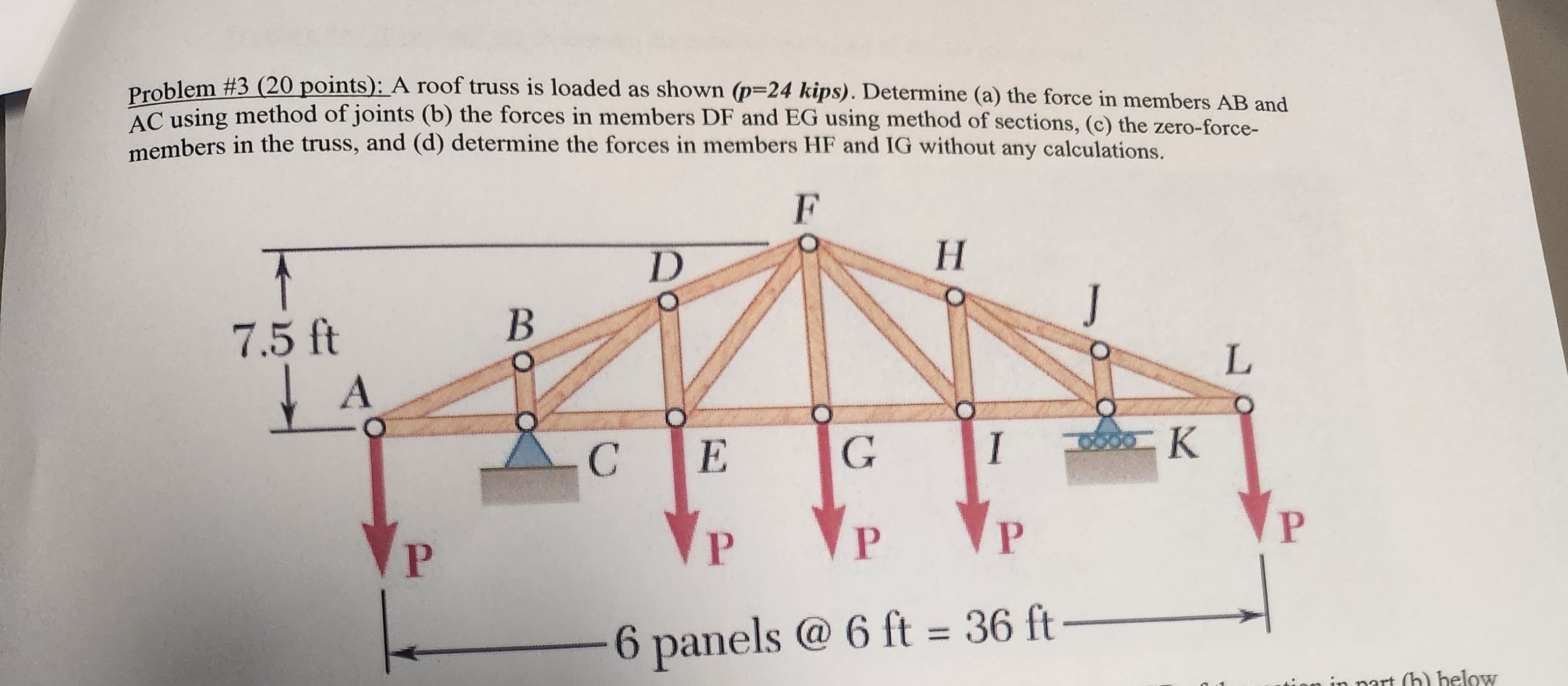 A roof truss is loaded as shown ( p = 2 4 kips )