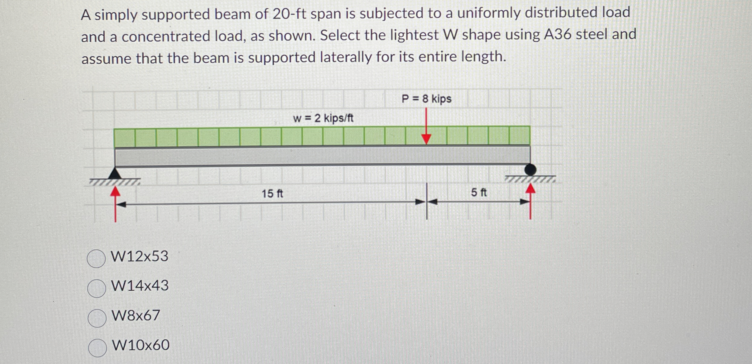 A simply supported beam of 2 0 - ft span is