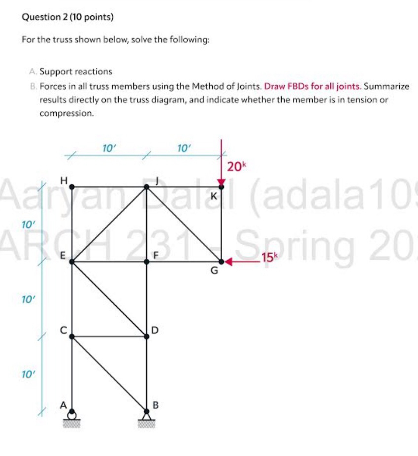 Question 2 ( 1 0 points ) For the truss shown