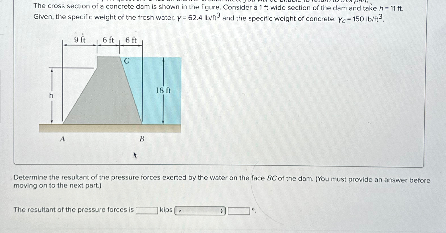 The cross section of a concrete dam is shown in