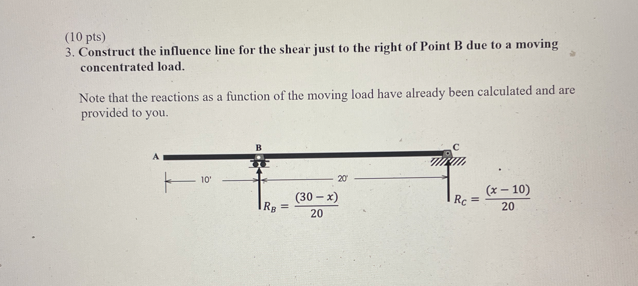 ( 1 0 pts ) 3 . Construct the influence line for