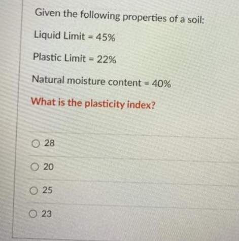 Given the following properties of a soil: Liquid
