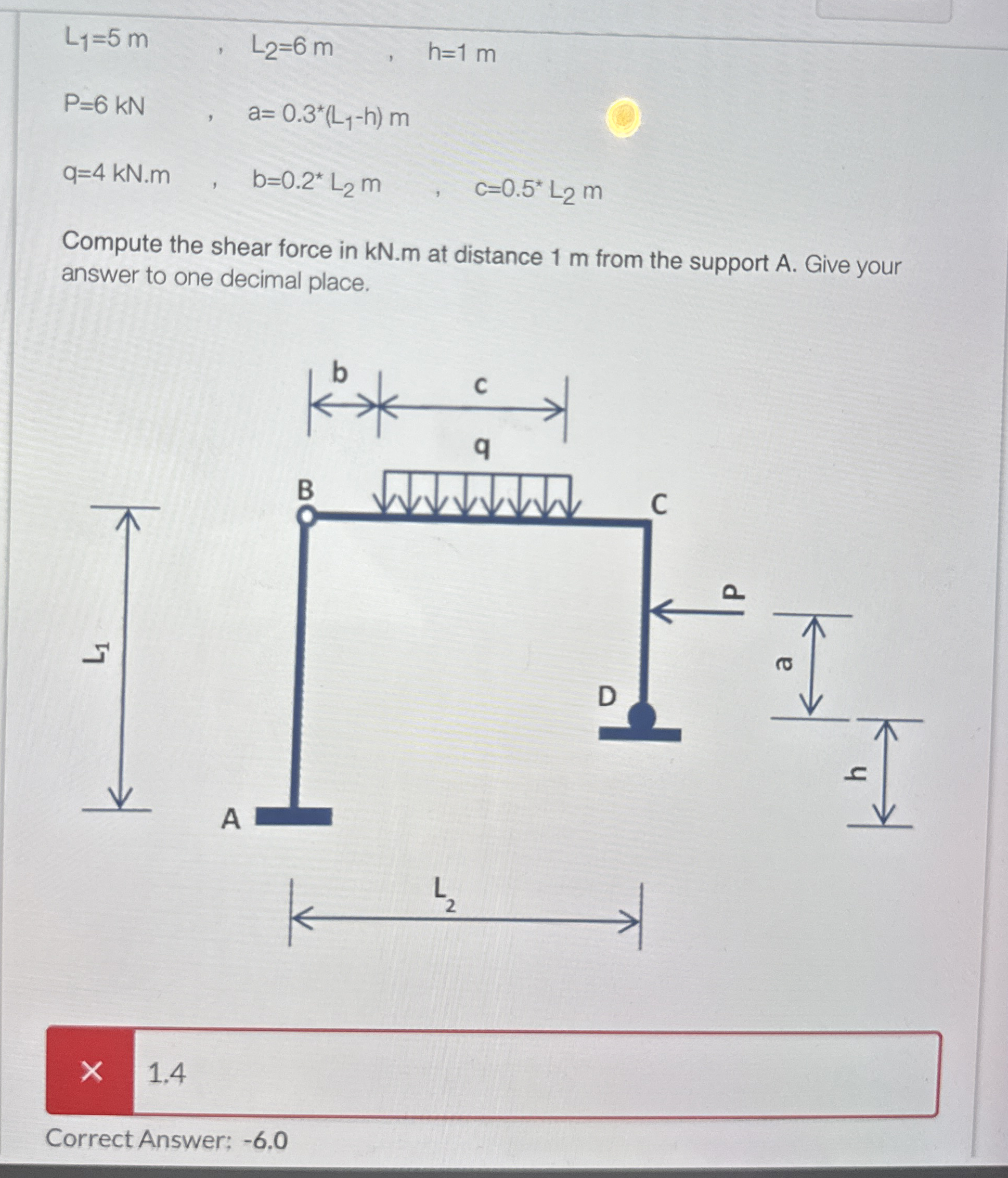 L 1 = 5 m , L 2 = 6 m , h = 1 m P = 6 k N , a = 0