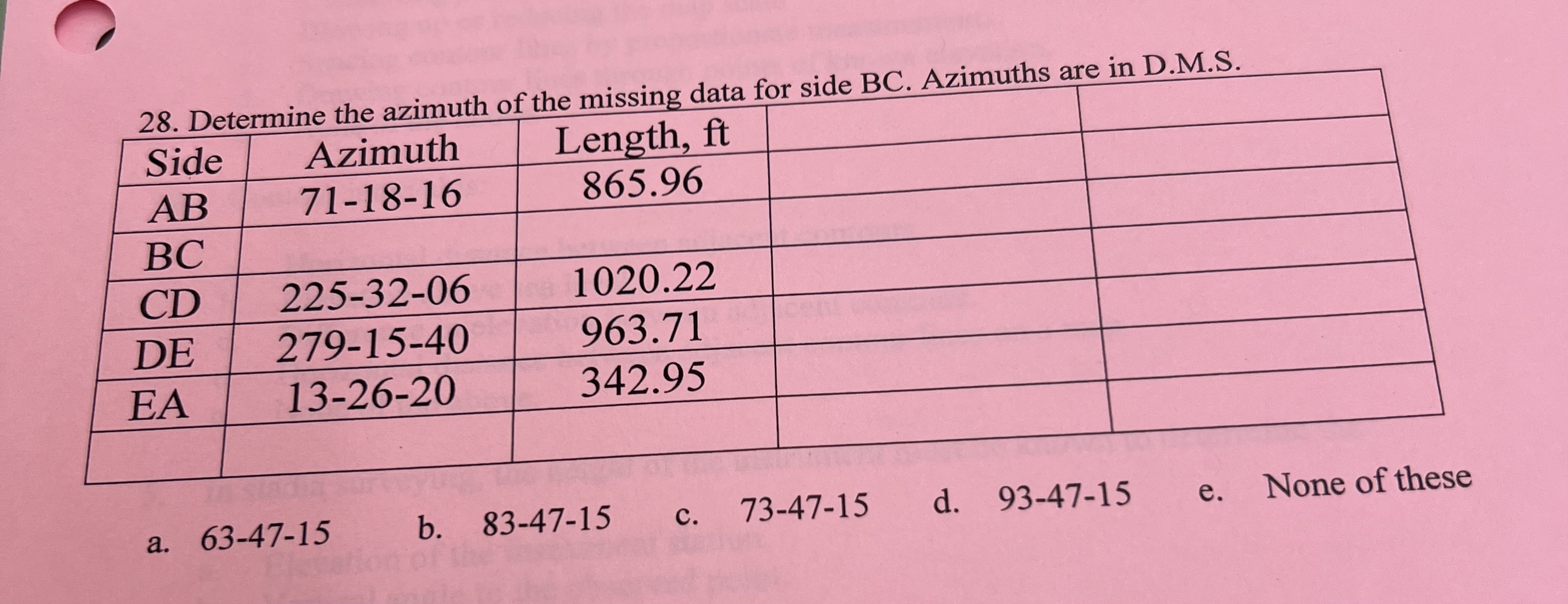 Determine the azimuth of the missing data for