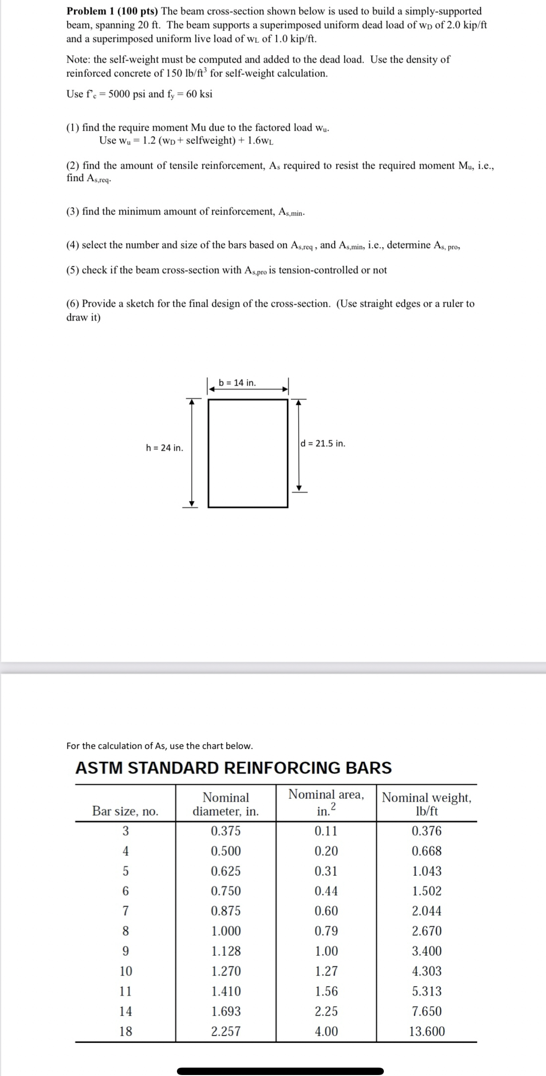 and a superimposed uniform live load of w L of 1