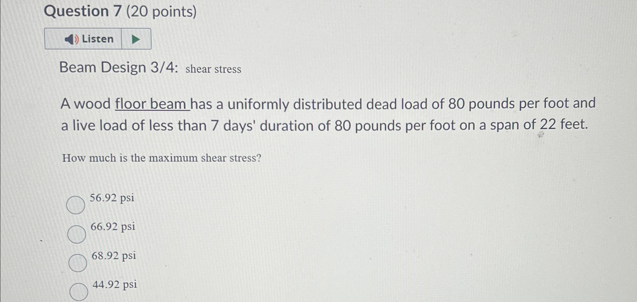Question 7 ( 2 0 points ) Beam Design 3 / 4 :