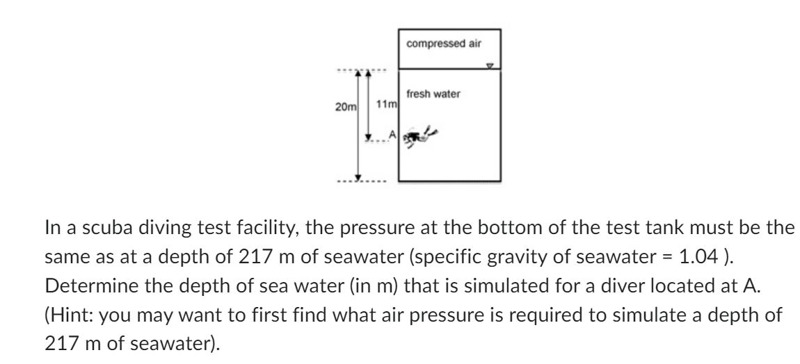 In a scuba diving test facility, the pressure at