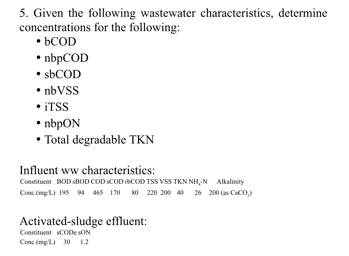 Given the following wastewater characteristics,